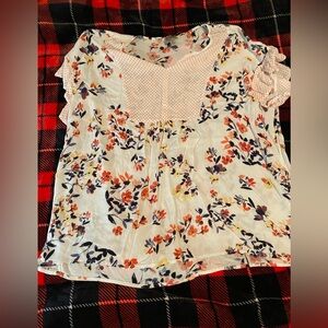 Como Vintage Floral Blouse with Orange and Navy Accents
